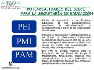 POTENCIALIDADES DEL SIGCE
PARA LA SECRETARÍA DE EDUCACIÓN
        • Facilita el seguimiento a los Proyecto
          Educativos     de  sus     Establecimientos,

PEI       permitiendo     la   retroalimentación
          acompañamiento a partir de las necesidades
          identificadas.
                                                     y




PMI
PAM
 