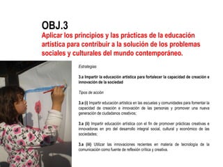 Estrategias  3.a Impartir la educación artística para fortalecer la capacidad de creación e innovación de la sociedad Tipos de acción 3.a (i)  Impartir educación artística en las escuelas y comunidades para fomentar la capacidad de creación e innovación de las personas y promover una nueva generación de ciudadanos creativos; 3.a (ii)  Impartir educación artística con el fin de promover prácticas creativas e innovadoras en pro del desarrollo integral social, cultural y económico de las sociedades; 3.a (iii)  Utilizar las innovaciones recientes en materia de tecnología de la comunicación como fuente de reflexión crítica y creativa. Aplicar los principios y las prácticas de la educación artística para contribuir a la solución de los problemas sociales y culturales del mundo contemporáneo.   OBJ.3 