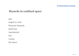 No. 16
gas
engulf or sink
Physical Hazards
electrical
mechanical
hot
noises
fall down
Confined Space hazards
Hazards in confined space
 