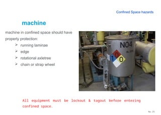 No. 25
machine
machine in confined space should have
properly protection:
 running laminae
 edge
 rotational axletree
 chain or strap wheel
All equipment must be lockout & tagout before entering
confined space.
Confined Space hazards
 