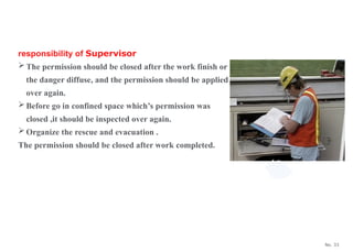 No. 33
responsibility of Supervisor
The permission should be closed after the work finish or
the danger diffuse, and the permission should be applied
over again.
Before go in confined space which’s permission was
closed ,it should be inspected over again.
Organize the rescue and evacuation .
The permission should be closed after work completed.
 