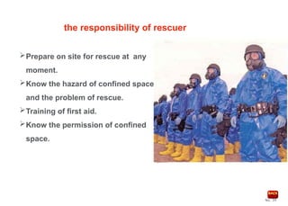 No. 39
Prepare on site for rescue at any
moment.
Know the hazard of confined space
and the problem of rescue.
Training of first aid.
Know the permission of confined
space.
the responsibility of rescuer
 
