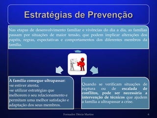 Nas etapas de desenvolvimento familiar e vivências do dia a dia, as famílias
passam por situações de maior tensão, que podem implicar alterações dos
papéis, regras, expectativas e comportamentos dos diferentes membros da
família.




A família consegue ultrapassar:
-se estiver atenta;                        Quando se verificam situações de
-se utilizar estratégias que               ruptura     ou    de    escalada de
                                           conflitos, pode ser necessária a
melhorem o seu relacionamento e
                                           intervenção de técnicos que ajudem
permitam uma melhor satisfação e           a família a ultrapassar a crise.
adaptação dos seus membros.

                             Formador: Dércio Martins                            6
 