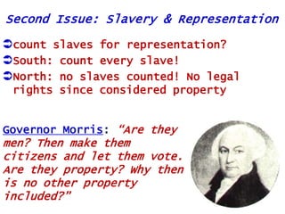 Second Issue: Slavery & Representation
count slaves for representation?
South: count every slave!
North: no slaves counted! No legal
rights since considered property

Governor Morris: “Are they

men? Then make them
citizens and let them vote.
Are they property? Why then
is no other property
included?”

 
