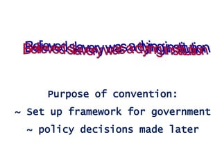 Purpose of convention:
~ Set up framework for government
~ policy decisions made later

 