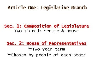 Sec. 1: Composition of Legislature
Two-tiered: Senate & House
Sec. 2: House of Representatives
Two-year term
Chosen by people of each state

 