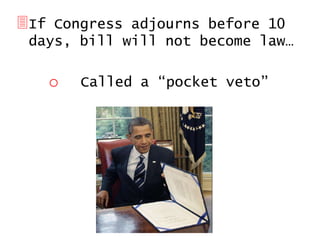 If Congress adjourns before 10
days, bill will not become law…

o

Called a “pocket veto”

 