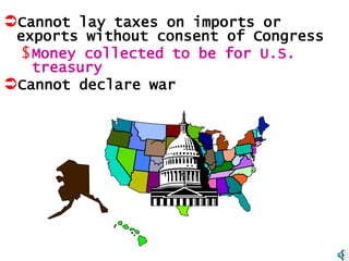 Cannot lay taxes on imports or

exports without consent of Congress
$ Money collected to be for U.S.
treasury
Cannot declare war

 