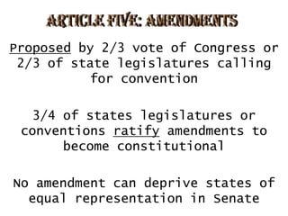 Proposed by 2/3 vote of Congress or
2/3 of state legislatures calling
for convention
3/4 of states legislatures or
conventions ratify amendments to
become constitutional
No amendment can deprive states of
equal representation in Senate

 