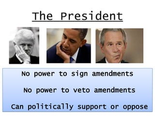 The President

No power to sign amendments
No power to veto amendments

Can politically support or oppose

 