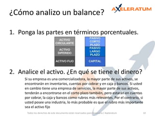 ¿Cómo analizo un balance? Ponga las partes en términos porcentuales.Analice el activo. ¿En qué se tiene el dinero?	Si su empresa es una comercializadora, la mayor parte de sus activos, se encontrarán en inventarios, cuentas por cobrar y en caja y bancos. Si usted en cambio tiene una empresa de servicios, la mayor parte de sus activos, tenderán a encontrarse en el corto plazo también, pero estarán en cuentas por cobrar, la caja y bancos como rubros más relevantes. Por el contrario, si usted posee una industria, lo más probable es que el rubro más importante sea el activo fijoTodos los derechos de este documento están reservados para Visionaria / Axeleratum10