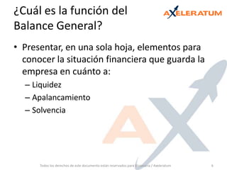 ¿Cuál es la función del Balance General?Presentar, en una sola hoja, elementos para conocer la situación financiera que guarda la empresa en cuánto a:LiquidezApalancamientoSolvenciaTodos los derechos de este documento están reservados para Visionaria / Axeleratum6