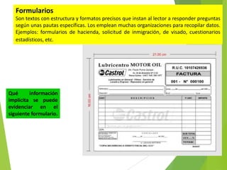 Formularios
Son textos con estructura y formatos precisos que instan al lector a responder preguntas
según unas pautas específicas. Los emplean muchas organizaciones para recopilar datos.
Ejemplos: formularios de hacienda, solicitud de inmigración, de visado, cuestionarios
estadísticos, etc.

Qué
información
implícita se puede
evidenciar en el
siguiente formulario.

 