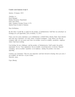 2 Contoh Surat Lamaran Hotel Bahasa Inggris Http Contohsurat Seko