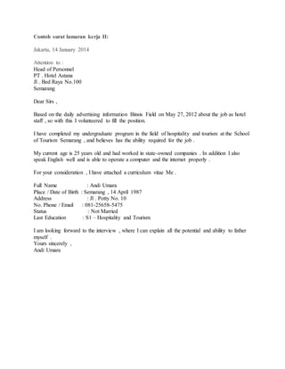 2 Contoh Surat Lamaran Hotel Bahasa Inggris Http Contohsurat Seko