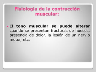 Fisiología de la contracción
muscular:
 El tono muscular se puede alterar
cuando se presentan fracturas de huesos,
presencia de dolor, la lesión de un nervio
motor, etc.
 