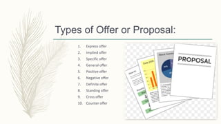 Types of Offer or Proposal:
1. Express offer
2. Implied offer
3. Specific offer
4. General offer
5. Positive offer
6. Negative offer
7. Definite offer
8. Standing offer
9. Cross offer
10. Counter offer
 
