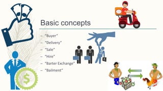 Basic concepts
– “Buyer”
– “Delivery”
– “Sale”
– “Hire”
– “Barter Exchange”
– “Bailment”
 