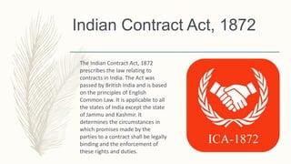 Indian Contract Act, 1872
The Indian Contract Act, 1872
prescribes the law relating to
contracts in India. The Act was
passed by British India and is based
on the principles of English
Common Law. It is applicable to all
the states of India except the state
of Jammu and Kashmir. It
determines the circumstances in
which promises made by the
parties to a contract shall be legally
binding and the enforcement of
these rights and duties.
 