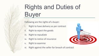 Rights and Duties of
Buyer
Following are the rights of a buyer:
i. Right to have delivery as per contract
ii. Right to reject the goods
iii. Right to repudiate
iv. Right to notice of insurance
v. Right to examine
vi. Right against the seller for breach of contract
 