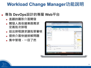 Drag picture to placeholder or
click icon to add
 專為 DevOps設計的專屬 Web平台
 直觀的圖形介面開發
 開發人員依據業務需求
定義批次排程
 送出排程請求讓批管審核
 提供介面快速排解問題
 集中管理，一目了然
Workload Change Manager功能說明
9
 