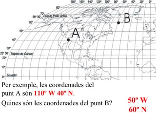Per exemple, les coordenades del
punt A són 110º W 40º N.
Quines són les coordenades del punt B? 50º W
60º N
 
