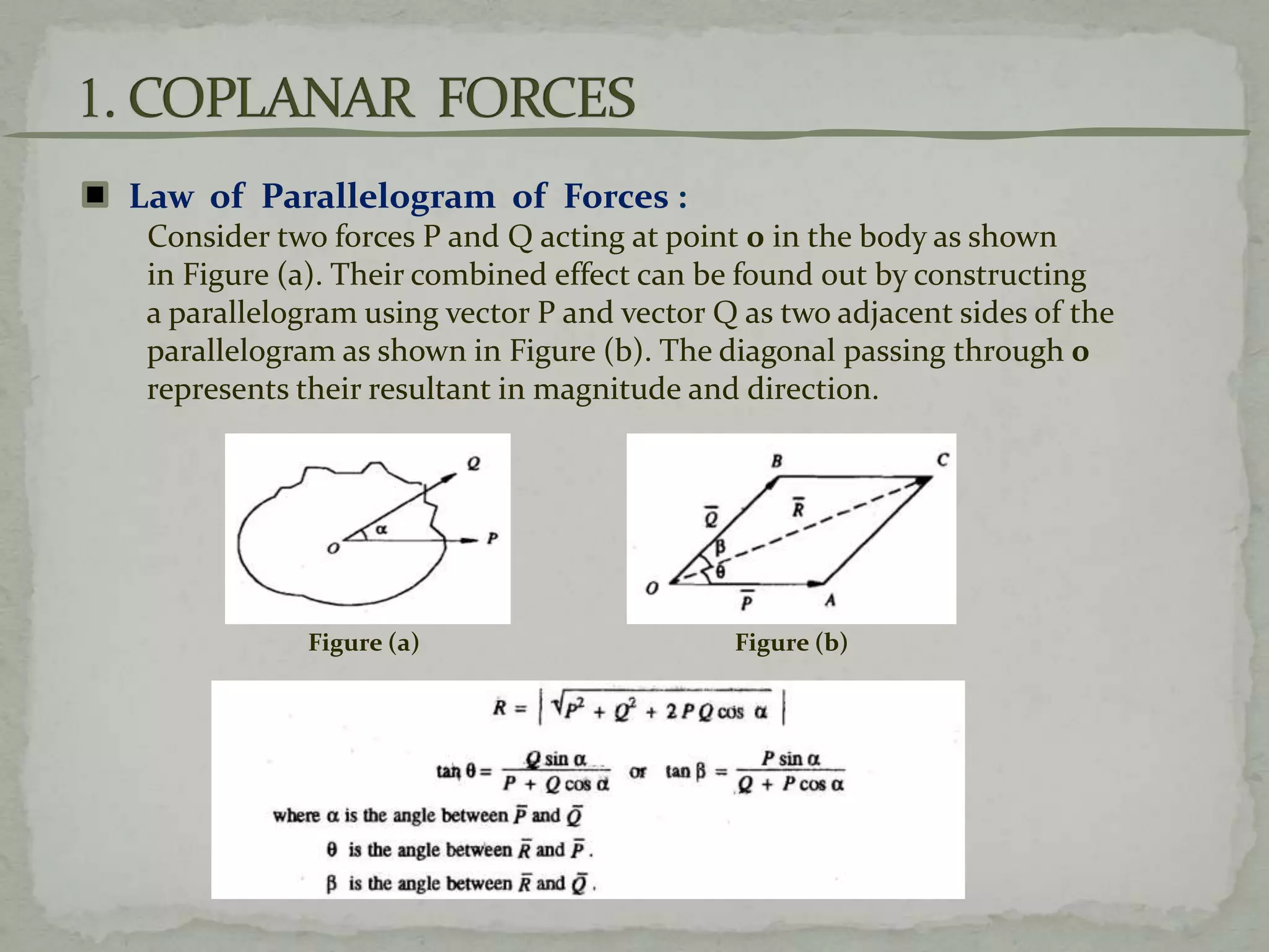 Law of Parallelogram of Forces :
Consider two forces P and Q acting at point 0 in the body as shown
in Figure (a). Their combined effect can be found out by constructing
a parallelogram using vector P and vector Q as two adjacent sides of the
parallelogram as shown in Figure (b). The diagonal passing through 0
represents their resultant in magnitude and direction.
Figure (a) Figure (b)
 