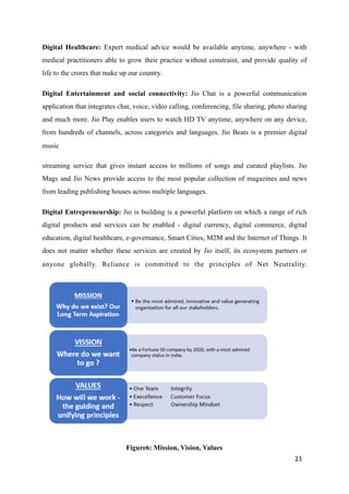 Digital Healthcare: Expert medical advice would be available anytime, anywhere - with
medical practitioners able to grow their practice without constraint, and provide quality of
life to the crores that make up our country.
Digital Entertainment and social connectivity: Jio Chat is a powerful communication
application that integrates chat, voice, video calling, conferencing, file sharing, photo sharing
and much more. Jio Play enables users to watch HD TV anytime, anywhere on any device,
from hundreds of channels, across categories and languages. Jio Beats is a premier digital
music
streaming service that gives instant access to millions of songs and curated playlists. Jio
Mags and Jio News provide access to the most popular collection of magazines and news
from leading publishing houses across multiple languages.
Digital Entrepreneurship: Jio is building is a powerful platform on which a range of rich
digital products and services can be enabled - digital currency, digital commerce, digital
education, digital healthcare, e-governance, Smart Cities, M2M and the Internet of Things. It
does not matter whether these services are created by Jio itself, its ecosystem partners or
anyone globally. Reliance is committed to the principles of Net Neutrality.
!
Figure6: Mission, Vision, Values
23
 