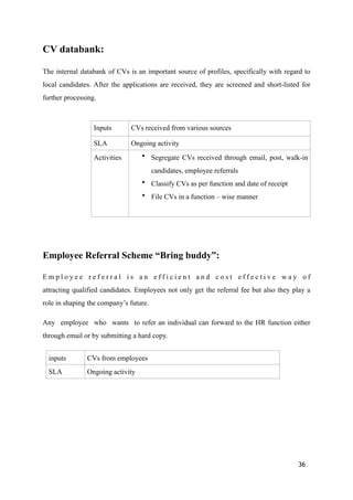 CV databank:
The internal databank of CVs is an important source of profiles, specifically with regard to
local candidates. After the applications are received, they are screened and short-listed for
further processing.
Employee Referral Scheme “Bring buddy”:
E m p l o y e e r e f e r r a l i s a n e f f i c i e n t a n d c o s t e f f e c t i v e w a y o f
attracting qualified candidates. Employees not only get the referral fee but also they play a
role in shaping the company’s future.
Any employee who wants to refer an individual can forward to the HR function either
through email or by submitting a hard copy.
Inputs CVs received from various sources
SLA Ongoing activity
Activities • Segregate CVs received through email, post, walk-in
candidates, employee referrals
• Classify CVs as per function and date of receipt
• File CVs in a function – wise manner
inputs CVs from employees
SLA Ongoing activity
36
 
