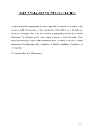 DATA ANALYSIS AND INTERPRETATION
Analysis is carried out to summarize the data to crystallize the outcome of the survey. In this
manner, it enables the researcher to relate critical points with the objectives of the study. Any
research is meaningful only if the data obtained is synergized systematically to provide
information. The following are the various phases of analysis in which the options of the
respondents have been analyzed and interpreted in detail. Each table is calculated from the
questionnaire which has segregation of employees it based on satisfaction of employees on
whole process
The survey is taken from 36 Employees.
62
 