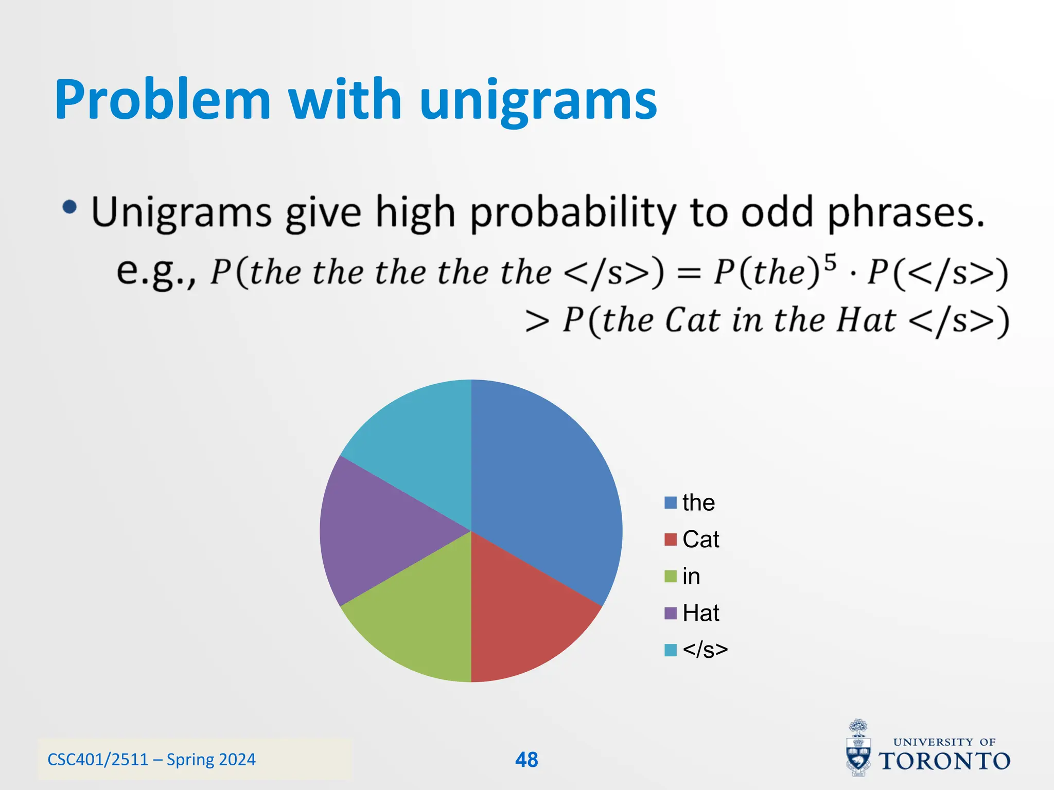 CSC401/2511 – Spring 2024
Problem with unigrams
the
Cat
in
Hat
</s>
48
 