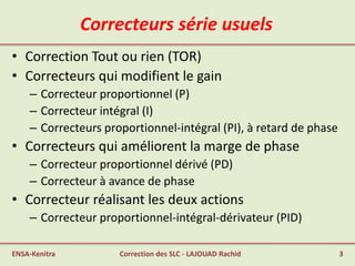Correcteurs série usuels
• Correction Tout ou rien (TOR)
• Correcteurs qui modifient le gain
– Correcteur proportionnel (P)
– Correcteur intégral (I)
– Correcteurs proportionnel-intégral (PI), à retard de phase
• Correcteurs qui améliorent la marge de phase
– Correcteur proportionnel dérivé (PD)
– Correcteur à avance de phase
• Correcteur réalisant les deux actions
– Correcteur proportionnel-intégral-dérivateur (PID)
ENSA-Kenitra 3Correction des SLC - LAJOUAD Rachid
 