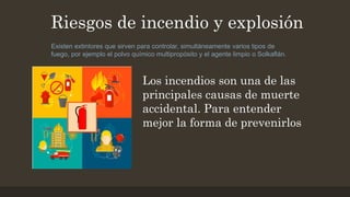 Existen extintores que sirven para controlar, simultáneamente varios tipos de
fuego, por ejemplo el polvo químico multipropósito y el agente limpio o Solkaflán.
Los incendios son una de las
principales causas de muerte
accidental. Para entender
mejor la forma de prevenirlos
Riesgos de incendio y explosión
 