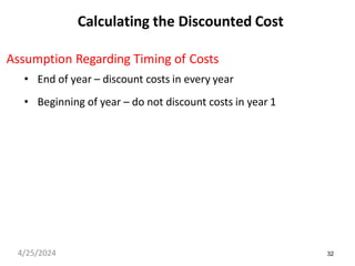 32
Calculating the Discounted Cost
Assumption Regarding Timing of Costs
• End of year – discount costs in every year
• Beginning of year – do not discount costs in year 1
4/25/2024
 