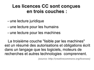 Les licences CC sont conçues
en trois couches :
- une lecture juridique
- une lecture pour les humains
- une lecture pour les machines
  
La troisième couche "lisible par les machines"
est un résumé des autorisations et obligations écrit
dans un langage que les logiciels, moteurs de
recherches et autres technologies comprennent.
(source: http://creativecommons.org/licenses)
 