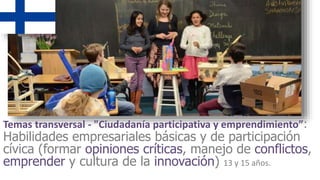 Temas transversal - "Ciudadanía participativa y emprendimiento”:
Habilidades empresariales básicas y de participación
cívica (formar opiniones críticas, manejo de conflictos,
emprender y cultura de la innovación) 13 y 15 años.
 