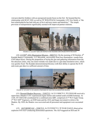 15
visit provided his Soldiers with an unexpected morale boost on the Eid. He boasted that his
relationship with SFAT 3202, as well as TF WOLFPACK Commander, LTC Eric Smith, is “the
best relationship he has had with any of his 6 advisory teams and battalions.” The simple
provision of transportation significantly assisted with improved partner relations.
FIGURE 11: 3/3/205th KDK CDR INSPECTS HIS SOLDIERS AND SPEAKS WITH THE DGOV
(10) 4/3/205th
ANA Illumination Mission – 20OCT13. On the morning of 20 October, 4th
Kandak Battery Commander, 1LT Miryarbik, successfully fired four illumination rounds from
COP Sakari Karez. During the preparation of laying the gun and gathering information from the
fire direction center, only one minor mistake was made due to a gun data translation error, which
was quickly fixed. The Kandak demonstrated proficiency with their ability to operate the D-30
and create gun data in a sufficient amount of time.
FIGURE 12: 4/3/205th D-30 CANON IS PREPARED BY ANA FOR ILLUMINATION MISSION
(11) Downed Shadow Recovery – 21OCT13. At 211150OCT13, TF COUGAR received a
report that a Shadow UAV experienced engine failure and crashed south of FOB Frontenac. At
1330, TF COUGAR coordinated for a combined arms QRF, comprised of 3rd
PLT Eagle Troop,
2nd
PLT 849th
Engineers, an EOD team and the ANA and began movement to retrieve the
Shadow. By 1820, the Shadow was recovered and all personnel and equipment were accounted
for.
(12) ALP MEDEVAC – 22OCT13. At 221522OCT13, TF WAR EAGLE observed an
explosion IVO ALP conducting dismounted operations. The ALP triggered an IED and 30
 