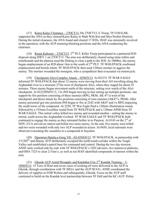 17
(17) Karez Kalay Clearance – 27OCT13. On 27OCT13, E Troop, TF COUGAR,
supported the ANA as they cleared Karez Kalay in Shah Wali Kot and Mya Neshin Districts.
During the initial clearance, the ANA found and cleared 17 IEDs. ISAF was minimally involved
in the operation, with the AUP manning blocking positions and the ANA conducting the
clearance.
(18) Ronin Kaboom – 27OCT13. 2nd
PLT, Killer Troop participated in a partnered IED
disposal along HWY 1 on 27OCT13. The area was deliberately cleared using mine rollers and
minehounds and the platoon used the Doking to clear a path to the IED. At 1000hrs, the enemy
began emplacement of an IED about 1km to the south of 2nd
PLT. TF WOLFPACK confirmed
emplacement and hostile intent. TF WOLFPACK then used 120mm mortars to aggress the
enemy. The mortars wounded the insurgent, who a sympathizer then evacuated via motorcycle.
(19) Checkpoint Alizi Complex Attack – 02NOV13. At 022151 TF WAR EAGLE
informed TF WOLFPACK that about 12 enemy were moving from their AO travelling along the
Arghandab river to a structure 273m west of checkpoint Alizi, where they staged for about 35
minutes. Three enemy began movement north of the structure, setting over watch of the Alizi
checkpoint. At 022220NOV13, 12x INS began moving in line setting up multiple positions: one
support by fire position consisting of three enemies (RPG, PKM, AK 47’s) west of the
checkpoint and direct attack by fire positions consisting of nine enemies (AK47’s, PKM). After
enemy personnel got into positions INS began to fire at 2242 with AK47 and 1x RPG impacting
the south tower of the compound. At 2250, TF War Eagle fired a 120mm illumination round,
followed by a 155mm Excalibur round from TF WOLFPACK and a 120mm APMI from TF
WAR EAGLE. This initial volley killed two enemy and wounded another - setting the enemy in
retreat, south across the Arghandab riverbed. TF WAR EAGLE and TF WOLFPACK both
continued to engage the enemy as they retreated further in to Panjwai. At 0143 on the 3rd
of
NOV, CCA arrived on station and killed two more enemy. In the end, five enemy were killed
and two were wounded with only two ALP wounded in action. At 0430, local nationals were
observed evacuating the casualties to a compound in Sayedon.
(20) Operation Hamla-e-Gorg VII – 02-03NOV13. TF WOLFPACK, in partnership with
3/3/205th
and Zharay AUP deliberately occupied the north/south corridor within the Tangli
Valley and established a patrol base for command and control. During the two day mission,
ANSF units worked side-by-side with TF WOLFPACK’s 3202 advisors, two maneuver platoons,
and ODA 7323 to clear 2.5 km’s, as well as ten ISAF-identified compounds of interest within the
area.
(21) Ghorak AUP Aerial Resupply and Kandahar City 2nd
Kandak Training – 3-
10NOV13. 15 Tons of flour and seven cases of cooking oil were delivered to the AUP in
Ghorak, through coordination with TF HELL and the AUP SFATs. ANSF coordinated the
delivery of supplies to FOB Walton and subsequently, Ghorak. Focus on the AUP staff
continued to build on the Kandak level partnership between TF Hell and the KC-AUP. Police
 
