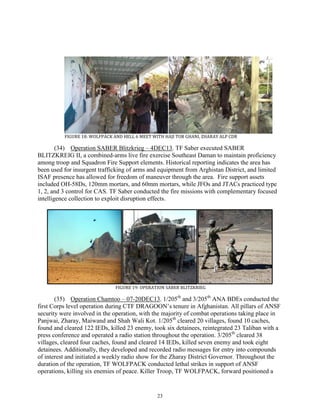 23
FIGURE 18: WOLFPACK AND HELL 6 MEET WITH HAJI TOR GHANI, ZHARAY ALP CDR
(34) Operation SABER Blitzkrieg – 4DEC13. TF Saber executed SABER
BLITZKREIG II, a combined-arms live fire exercise Southeast Daman to maintain proficiency
among troop and Squadron Fire Support elements. Historical reporting indicates the area has
been used for insurgent trafficking of arms and equipment from Arghistan District, and limited
ISAF presence has allowed for freedom of maneuver through the area. Fire support assets
included OH-58Ds, 120mm mortars, and 60mm mortars, while JFOs and JTACs practiced type
1, 2, and 3 control for CAS. TF Saber conducted the fire missions with complementary focused
intelligence collection to exploit disruption effects.
FIGURE 19: OPERATION SABER BLITZKRIEG
(35) Operation Chamtoo – 07-20DEC13. 1/205th
and 3/205th
ANA BDEs conducted the
first Corps level operation during CTF DRAGOON’s tenure in Afghanistan. All pillars of ANSF
security were involved in the operation, with the majority of combat operations taking place in
Panjwai, Zharay, Maiwand and Shah Wali Kot. 1/205th
cleared 20 villages, found 10 caches,
found and cleared 122 IEDs, killed 23 enemy, took six detainees, reintegrated 23 Taliban with a
press conference and operated a radio station throughout the operation. 3/205th
cleared 38
villages, cleared four caches, found and cleared 14 IEDs, killed seven enemy and took eight
detainees. Additionally, they developed and recorded radio messages for entry into compounds
of interest and initiated a weekly radio show for the Zharay District Governor. Throughout the
duration of the operation, TF WOLFPACK conducted lethal strikes in support of ANSF
operations, killing six enemies of peace. Killer Troop, TF WOLFPACK, forward positioned a
 
