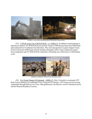 25
FIGURE 21: BP3 AND SHURANDAM RETROGRADE OPERATIONS
(37) A Week in the Life of WOLFPACK – 11-18DEC13. In addition to participating in
Operation Chamtoo, TF WOLFPACK moved Iron Troop to FOB Masum Ghar from FOB Pasab
and conducted two Combined Arms Breaches. They also descoped two Logistic Support Areas
(LSA) to downsize FOB Pasab with the pending retrograde. Killer Troop conducted a squad
level competition and TF WOLFPACK conducted a 5k holiday run, followed by a USO holiday
event.
FIGURE 22: WEEK IN THE LIFE OF THE WOLFPACK
(38) Fox Troop Change of Command – 14DEC13. After 18 months in command, CPT
Ryan Feeney handed over command of Fox Troop to CPT Broyles. CPT Feeney served as troop
commander through Platoon Live Fires, EIB qualification, the Decisive Action Training Exercise
and the Mission Readiness Exercise.
 