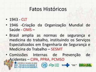 Fatos Históricos
• 1943 - CLT
• 1946 -Criação da Organização Mundial de
Saúde - OMS –
• Brasil amplia as normas de segurança e
medicina do trabalho, instituindo os Serviços
Especializados em Engenharia de Segurança e
Medicina do Trabalho – SESMT
• Comissões Internas de Prevenção de
Acidentes – CIPA, PPRA, PCMSO
 