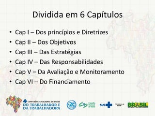 Dividida em 6 Capítulos
• Cap I – Dos princípios e Diretrizes
• Cap II – Dos Objetivos
• Cap III – Das Estratégias
• Cap IV – Das Responsabilidades
• Cap V – Da Avaliação e Monitoramento
• Cap VI – Do Financiamento
 
