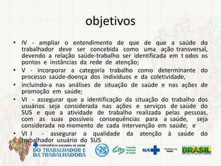 objetivos
• IV - ampliar o entendimento de que de que a saúde do
trabalhador deve ser concebida como uma ação transversal,
devendo a relação saúde-trabalho ser identificada em t odos os
pontos e instâncias da rede de atenção;
• V - incorporar a categoria trabalho como determinante do
processo saúde-doença dos indivíduos e da coletividade,
• incluindo-a nas análises de situação de saúde e nas ações de
promoção em saúde;
• VI - assegurar que a identificação da situação do trabalho dos
usuários seja considerada nas ações e serviços de saúde do
SUS e que a atividade de trabalho realizada pelas pessoas,
com as suas possíveis consequências para a saúde, seja
considerada no momento de cada intervenção em saúde; e
• VI I - assegurar a qualidade da atenção à saúde do
trabalhador usuário do SUS
 
