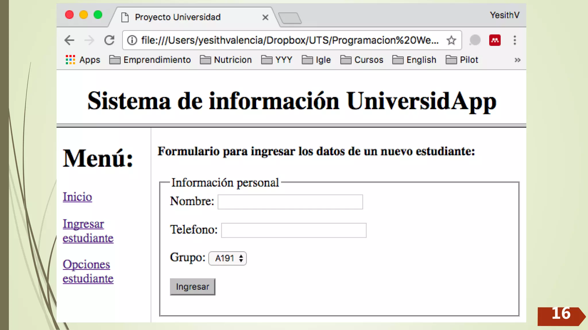 Programación web - CRUD HTML PHP MYSQL, Yesith Valencia MSc. 16 
