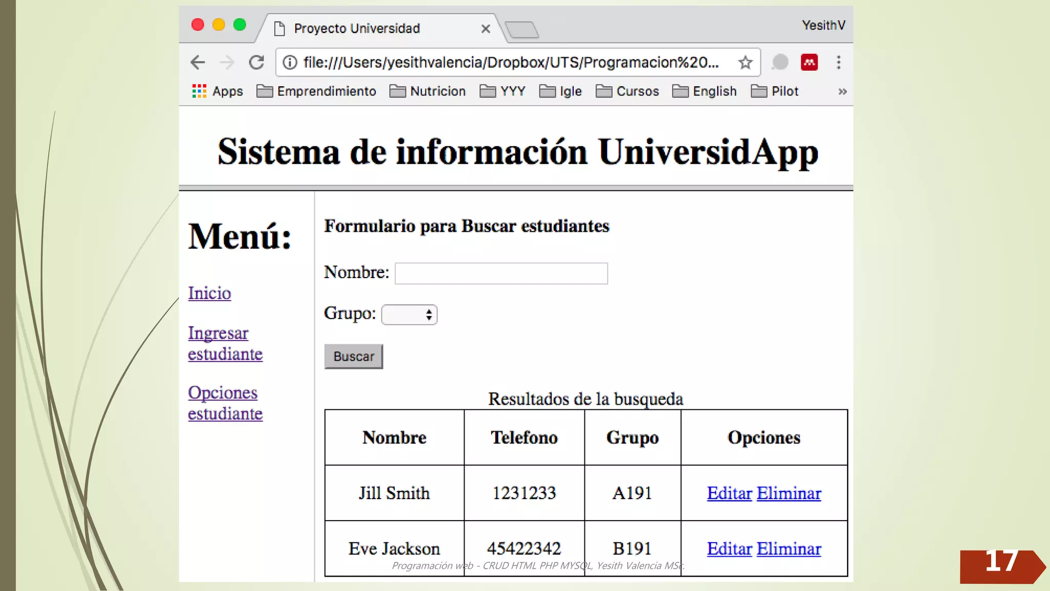 Programación web - CRUD HTML PHP MYSQL, Yesith Valencia MSc. 17 