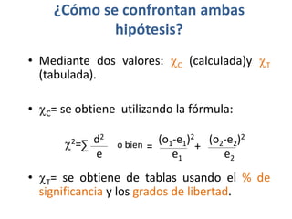 ¿Cómo se confrontan ambas
            hipótesis?
• Mediante dos valores: cC (calculada)y cT
  (tabulada).

• cC= se obtiene utilizando la fórmula:

      c2= ∑ d2   o bien = (o1-e1)2 (o2-e2)2
                                  +
            e                e1       e2
• cT= se obtiene de tablas usando el % de
  significancia y los grados de libertad.
 