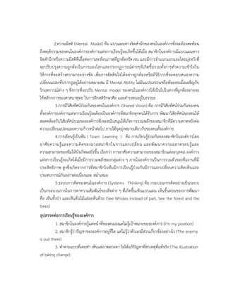 อุปสรรคต่อการเรียนรู้ขององค์การ
1. สมาชิกในองค์การรู้แต่หน้าที่ของตนเองแต่ไม่รู้เป้าหมายขององค์การ (I'm my position)
2. สมาชิกรู้ว่าปัญหาขององค์การอยู่ที่ใด แต่ไม่รู้ว่าตัวเองมีส่วนเกี่ยวข้องอย่างไร (The enemy
is out there)
3. ทาตามแบบที่เคยทา เห็นแต่ภาพลวงตา ไม่ได้แก้ปัญหาที่สาเหตุที่แท้จริง (The Illustration
of taking change)
2.ความมีสติ (Mental Model) คือ แบบแผนทางจิตสานึกของคนในองค์การซึ่งจะต้องสะท้อน
ถึงพฤติกรรมของคนในองค์การองค์การแห่งการเรียนรู้จะเกิดขึ้นได้เมื่อ สมาชิกในองค์การมีแบบแผนทาง
จิตสานึกหรือความมีสติที่เอื้อต่อการสะท้อนภาพที่ถูกต้องชัดเจน และมีการจาแนกแยกแยะโดยมุ่งหวังที่
จะปรับปรุงความถูกต้องในการมองโลกและปรกกฏการณ์ต่างๆที่เกิดขึ้นรวมทั้งการทาความเข้าใจใน
วิธีการที่จะสร้างความกระจ่างชัด เพื่อการตัดสินใจได้อย่างถูกต้องหรือมีวิธีการที่จะตอบสนองความ
เปลี่ยนแปลงที่ปรากฏอยู่ได้อย่างเหมาะสม มี Mental Ability ไม่ผันแปรเรรวนหรือท้อถอยเมื่อเผชิญกับ
วิกฤตการณ์ต่าง ๆ ซึ่งการที่จะปรับ Mental model ของคนในองค์การให้เป็นไปในทางที่ถูกต้องอาจจะ
ใช้หลักกการของศาสนาพุทธ ในการฝึกสติรักษาศีล และดารงตนอยู่ในธรรมะ
3.การมีวิสัยทัศน์ร่วมกันของคนในองค์การ (Shared Vision) คือ การมีวิสัยทัศน์ร่วมกันของคน
ทั้งองค์การองค์การแห่งการเรียนรู้จะต้องเป็นองค์การที่สมาชิกทุกคนได้รับการ พัฒนาวิสัยทัศน์ของตนให้
สอดคล้องกับวิสัยทัศน์รวมขององค์การซึ่งจะสนับสนุนให้เกิดการรวมพลังของสมาชิกที่มีความคาดหวังต่อ
ความเปลี่ยนแปลงและความก้าวหน้าต่อไป ภายใต้จุดมุ่งหมายเดียวกันของคนทั้งองค์การ
4.การเรียนรู้เป็นทีม ( Team Learning ) คือ การเรียนรู้ร่วมกันของสมาชิกในองค์การโดย
อาศัยความรู้และความคิดของมวลสมาชิกในการแลกเปลี่ยน และพัฒนาความฉลาดรอบรู้และ
ความสามารถของทีมให้บังเกิดผลยิ่งขึ้น เรียกว่า การอาศัยความสามารถของสมาชิกแต่ละบุคคล องค์การ
แห่งการเรียนรู้จะเกิดได้เมื่อมีการรวมพลังของกลุ่มต่าง ๆ ภายในองค์การเป็นการรวมตัวของทีมงานที่มี
ประสิทธิภาพ สูงซึ่งเกิดจากการที่สมาชิกในทีมมีการเรียนรู้ร่วมกันมีการแลกเปลี่ยนความคิดเห็นและ
ประสบการณ์กันอย่างต่อเนื่องและ สม่าเสมอ
5.ระบบการคิดของคนในองค์การ (Systems Thinking) คือ กระบวนการคิดอย่างเป็นระบบ
เป็นกระบวนการในการหาความสัมพันธ์ของสิ่งต่าง ๆ ที่เกิดขึ้นเห็นแบบแผน เห็นขั้นตอนของการพัฒนา
คือ เห็นทั้งป่า และเห็นต้นไม้แต่ละต้นด้วย (See Wholes instead of part, See the forest and the
trees)
 