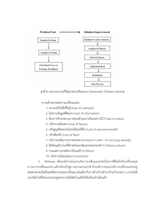 รูปที่ 8 กระบวนการแก้ปัญหาอย่างเป็นระบบ (Systematic Problem Solving)
ความต้านทานต่อความเปลี่ยนแปลง
1. ความกลัวในสิ่งที่ไม่รู้ (Fear of unknown)
2. ไม่ทราบข้อมูลที่ชัดเจน (Lack of information)
3. ต้องการรักษาสถานภาพของตัวเองภายในองค์การไว้ (Treat to status)
4. กลัวความล้มเหลว (Fear of failure)
5. กลัวสูญเสียผลประโยชน์ที่เคยได้รับ (Lack of perceive benefit)
6. กลัวเสียหน้า (Loss of face)
7. กลัวว่าจะเพิ่มภาระงานของตน (Increase in work : I'm too busy already)
8. ยึดติดอยู่กับประวัติศาสตร์และวัฒนธรรมขององค์การ (History-culture)
9. กระแสความกดดันภายในองค์การ (Stress)
10. กลัวความไม่แน่นอน (Uncertainly)
3. Refreeze เมื่อองค์การของเราเกิดการเปลี่ยนแปลงไปในทางที่ดีแล้วก็ควรที่จะหยุด
ภาวะการเปลี่ยนแปลง แล้วกลับเข้าสู่ภาวะงานตามปกติ ถ้าองค์การของเรามีการเปลี่ยนแปลงอยู่
ตลอดเวลาคงไม่เป็นผลดีต่องานของเราเป็นแน่ เช่นเดียวกับการย้ายบ้านถ้าเราย้ายบ้านบ่อย ๆ เราคงไม่มี
เวลาจัดบ้านให้สวยงามน่าอยู่เพราะว่าเมื่อจัดบ้านเสร็จก็ต้องย้ายบ้านอีกแล้ว
 