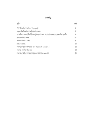 สารบัญ
เรื่อง หน้า
ปิรามิดแห่งความรู้ของ Yamazaki 1
ภูเขาน้าแข็งแห่งความรู้ ของ Nonaka 3
การจัดการความรู้โดยใช้ปลาทูโมเดล (Tuna Model) ของ ดร.ประพนธ์ ผาสุขยืด 5
KM Model : สคส. 6
KM-Process : กพร. 8
SECI Model 10
ทฤษฎีการจัดการความรู้ ของ (Peter M. Senge’s ) 13
ทฤษฎี การ์วิน (Garvin) 18
ทฤษฎีการจัดการความรู้ของมาควอส (Marquardt) 21
 