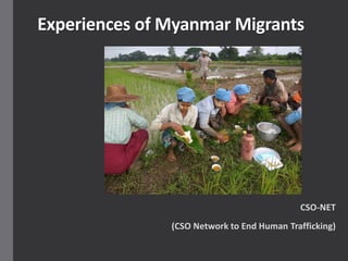 Experiences of Myanmar Migrants
CSO-NET
(CSO Network to End Human Trafficking)
 